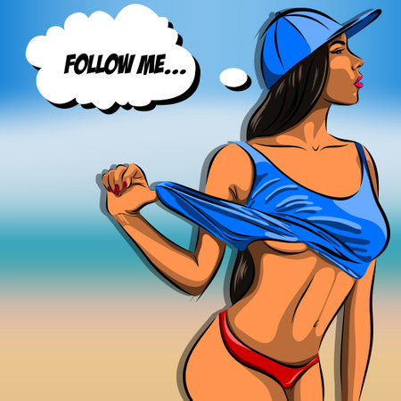 hand drawn young girl with a beautiful figure in a T-shirt on the beach.のイラスト素材