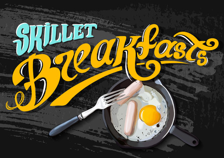 Breakfast Poster. Fried eggs and sausage on pan. Vector illustration. Breakfast always fresh.のイラスト素材