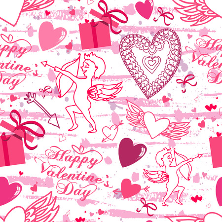 Valentine seamless pattern with hearts and Cupid. Perfect for wallpaper, textile, greeting cards and wedding invitationsのイラスト素材