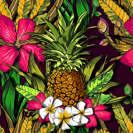Tropical flowers, jungle leaves, paradise flower. Beautiful seamless vector floral pattern background, exotic print.のイラスト素材