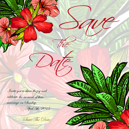 Wedding invitation or card design with exotic tropical flowers and leaves. vectorのイラスト素材