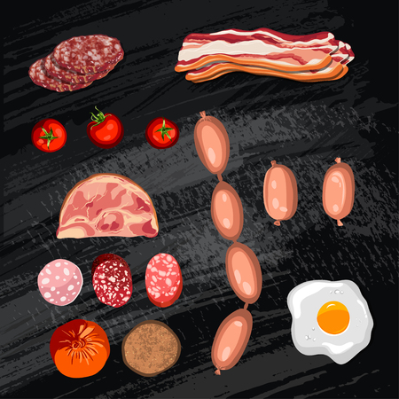 Set of sausage. Bacon. Salami. Smoked Boiled. Slices. Isolated objects on a chalk board background, vector illustrationのイラスト素材