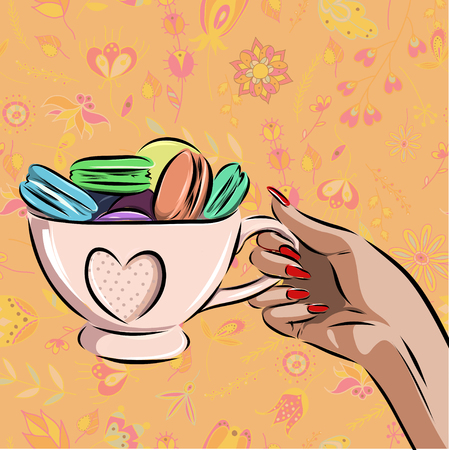cup with different macaroons on background.のイラスト素材