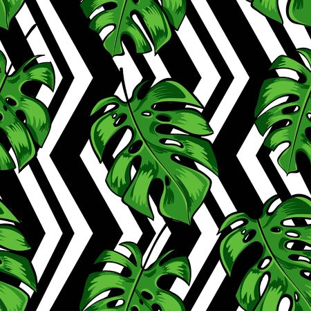 Palm leaves silhouette on the white and black striped background. Vector seamless pattern with tropical plants.のイラスト素材