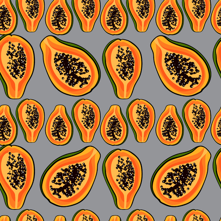 Tropical pattern with papaya.Seamless vector print with exotic fruit. Summer colorful textile textureのイラスト素材