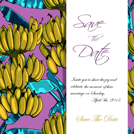 Invitation of tropical pattern with banana leaves. Vector illustration.のイラスト素材