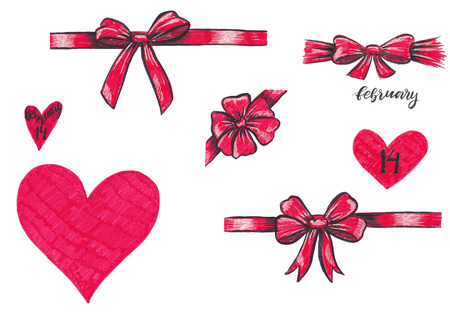 Marker set of Valentine day elements for design. Ornamental ribbon, hearts, bow.の写真素材