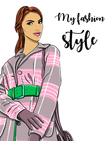 Hand drawn woman in coat. Fashion model. Vector EPSのイラスト素材