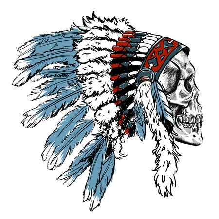Dotwork style skull with indian feather hat. Grunge vector artのイラスト素材