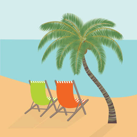 Chaise lounges under a palm tree on the sea coastのイラスト素材