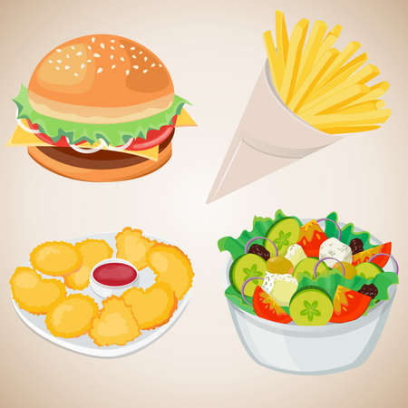 French Fries, Hamburger, Naggets, Vegetable Saladのイラスト素材