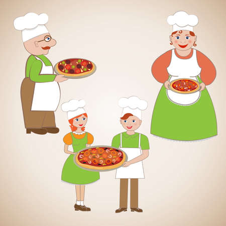 Family of cooks and different pizza with tomato, cucumber, shrimps, bacon and mushroomsのイラスト素材