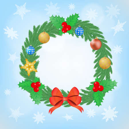 Christmas wreath with balls, bow and holly.のイラスト素材