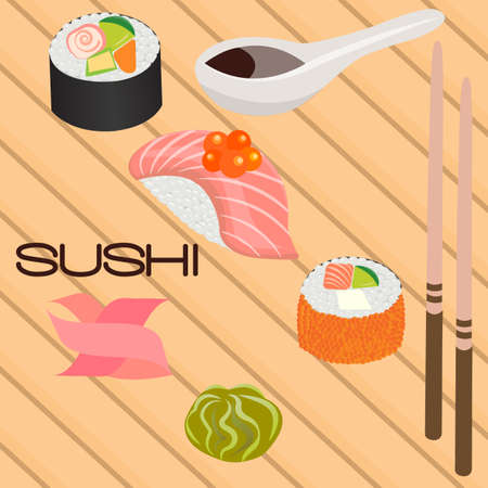 Japanese seafood sushi , roll and chopsticks. Vector illustrationのイラスト素材