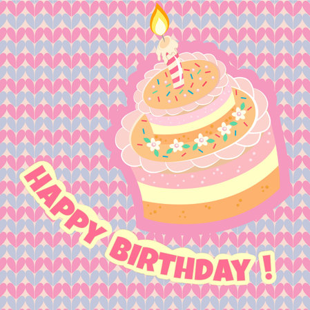 Birthday cake on the background of blue and rose heartes. Vector Illustration EPS10.