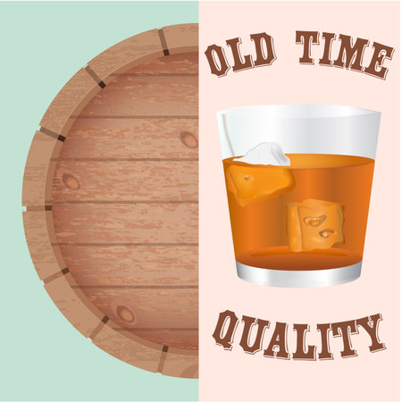Whiskey Bourbon in a Glass with Ice. Big Barrel on the background.のイラスト素材