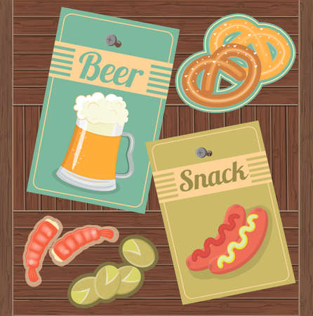 Beer and Snack. Shrimp, pistachios, pretzels and hot dogs with mustard and ketchup to beerのイラスト素材