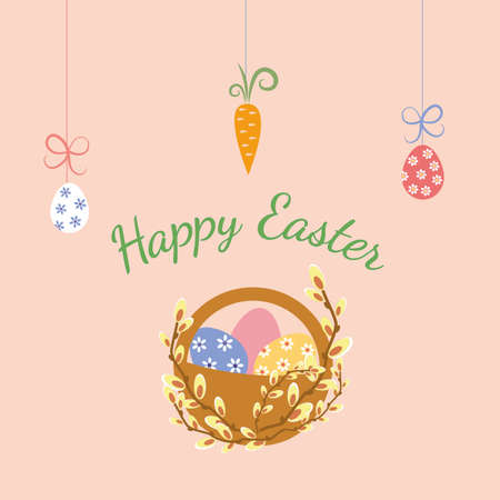 Easter eggs in a basket with willowのイラスト素材