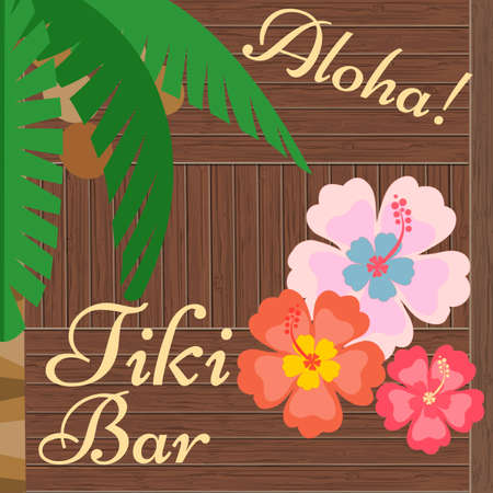 Hawaii Bar Poster Tiki Bar Coconut palm, hibiscus flowers on a wooden backgroundのイラスト素材