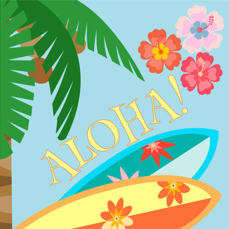 Palm tree, Surfboards and hibiscus flowersのイラスト素材