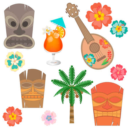 Set Hawaii simbols and accessories. Ukulele, Hawaii mask, hibiscus flowers and coconut palmのイラスト素材