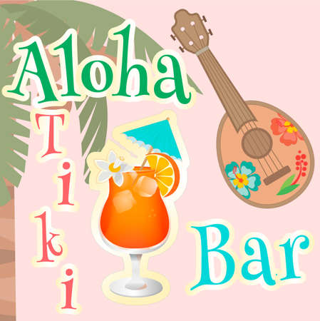 Poster Hawaiian Bar Aloha Ukulele and tropical cocktail on the background of coconut palmのイラスト素材