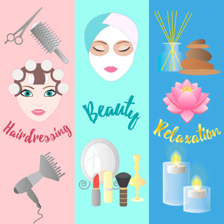 Accessories for Hairdressing salon, Facials, Beauty, Relaxation, Aromatherapy and Massage.のイラスト素材