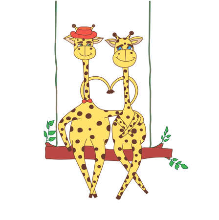 Couple embracing giraffe on swingのイラスト素材