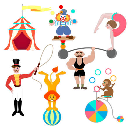 Set circus theme. Clown, athlete, gymnast, trainer, lion and monkey on a ball juggler on a bicycle.のイラスト素材