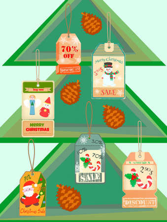Christmas Tree with cones and Sale Tagsのイラスト素材