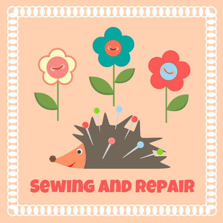 Sewing and Repair Advertising Poster Hedgehog Logo. Vector illustration.のイラスト素材