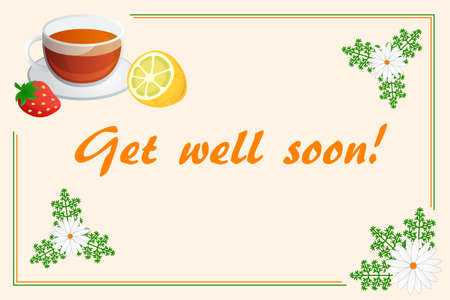 Get well soon card with chamomile tea, strawberry and lemon, vector illustrationのイラスト素材