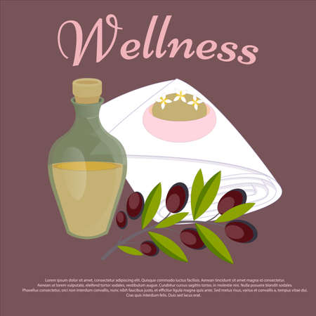 Accessories for massage. Logo for SPA Salon. Olive Branch, Natural Oil, towel and soap with a Tropical Flower.のイラスト素材