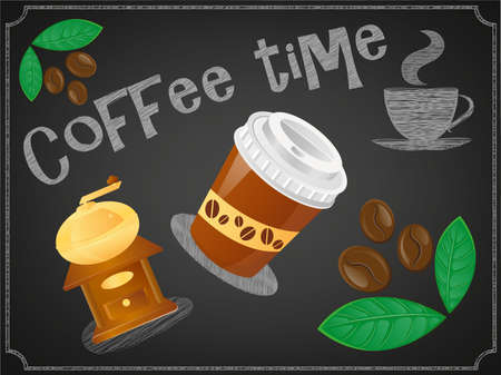 Poster coffee time on a blackboard. Plastic Cap, ?offee Mill, ?offee beans and Donutsのイラスト素材