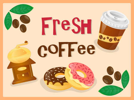Poster Fresh Coffee. Plastic Cap, ?offee Mill, ?offee beans and Donutsのイラスト素材
