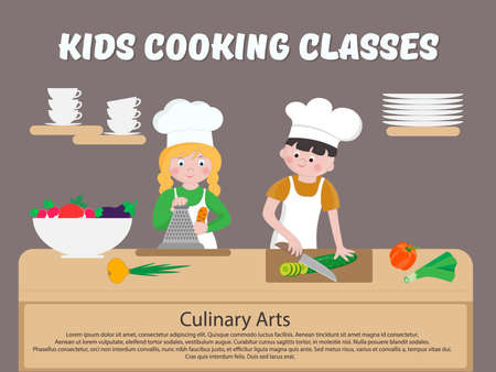 Kids Cooking Classes Poster Children cook Vector illustrationのイラスト素材