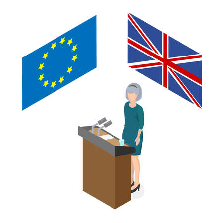 Woman on the rostrum in front of the microphones and the flag of the European Union and the UK isometric style 3d Theme brexite in the United Kingdomのイラスト素材