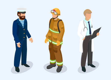 Sailor, firefighter and doctor at the professional people concept. 3d isometricのイラスト素材