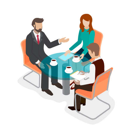 Business concept flat 3d isometric infographic vector. Group of people office staff at the round table talking.のイラスト素材