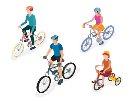 Group of bicyclists in helmets, a family on bicycles, a father, a mother, daughter and son on bicycles, isometric projectionのイラスト素材
