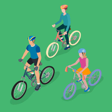 Group of bicyclists in helmets, a family on bicycles, a father, a mother and a daughter on bicycles, isometric projectionのイラスト素材