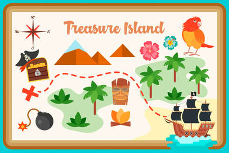 Map of treasure island flat design Pirate ship, Parrot, a chest with gold coins, the camp of savages, the path to the treasure for playing pirates, competitions, contests and quests.のイラスト素材