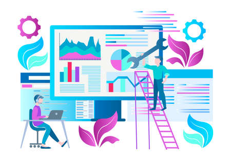 Seo optimization concept  teamwork, marketing team at a computer online worldwide setting up websites. Vector illustration for web design, advertising posters, presentations, blogging in social networks.のイラスト素材