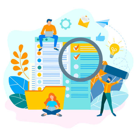 Questioning, paper work in the office, computer workflow, teamwork, paperwork concept. Vector illustration for web design, social media advertising, blogging and posters.のイラスト素材