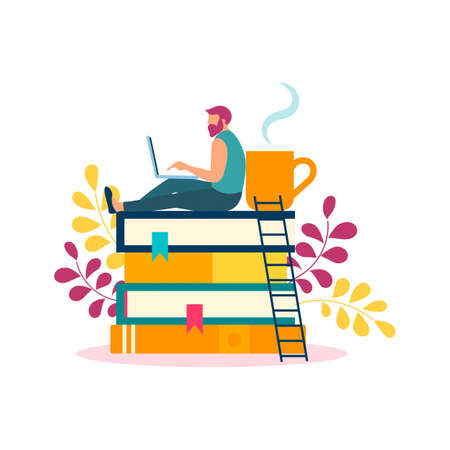 A young man is studying, working, resting at home on books. Online learning conceptのイラスト素材