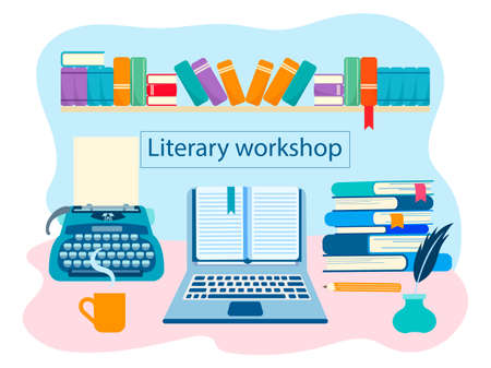 Literary workshop, the book world, the working space of the writer, literary work. Vector illustration for web design, blogging, social networksのイラスト素材
