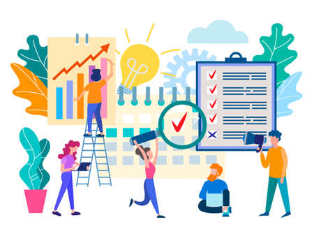 Perform work by staff on time, workflow organization, brainstorming, teamwork, time management concept, business planning. Vector illustration.のイラスト素材