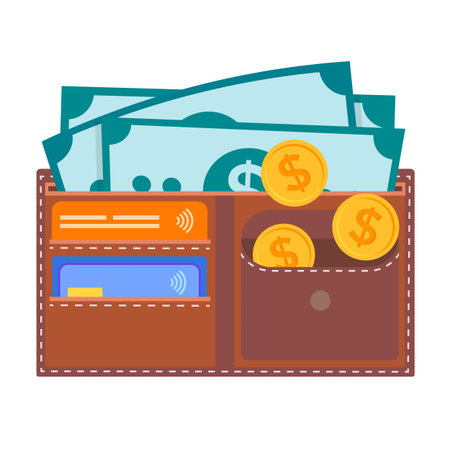 Leather wallet with credit cards, dollar bills, coins. The concept of safe preservation and...