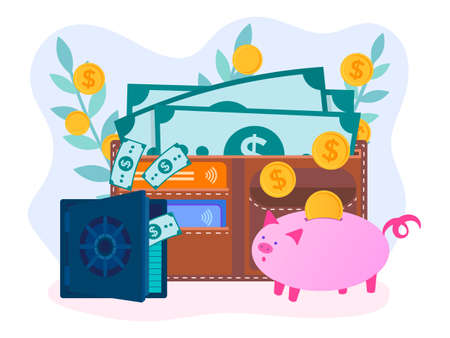 Sprouts with coins, wallet with banknotes and credit cards and piggybank as the receipt, earnings, accumulation and preservation of money. The concept of smart management of savings. Vector illustration.のイラスト素材