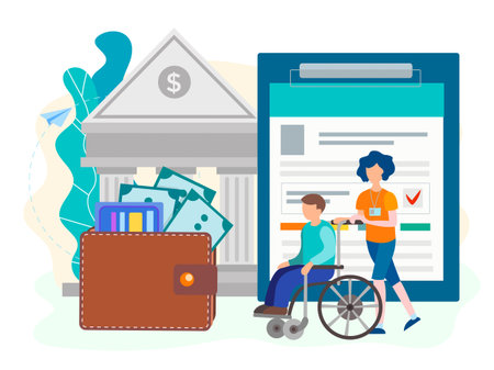  Disabled person and money saving concept. Profitable credit conditions and social support for people with disabilities. Vector illustration.のイラスト素材